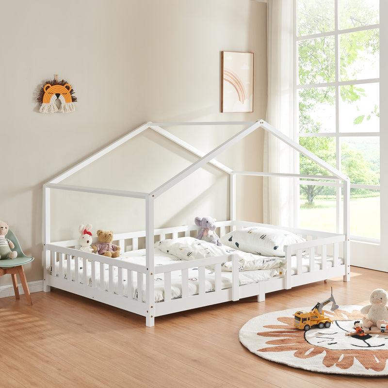 Kinderbett 140x200 cm - Aus massivem Kiefernholz, mit Hausform-Design und Sicherheitsgitter