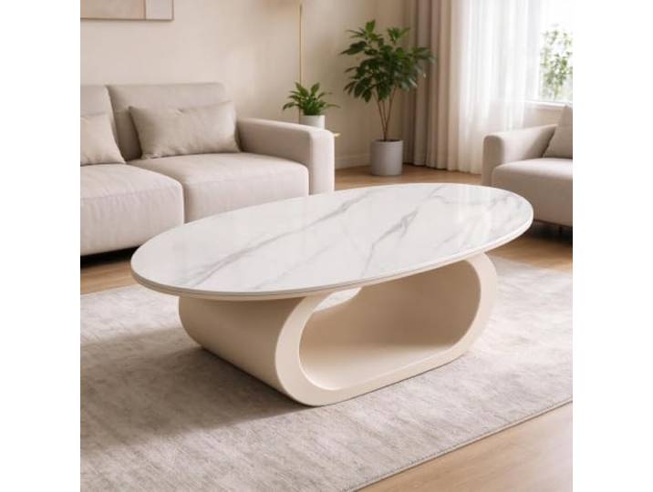 YHTCSXMD Couchtisch Oval, Moderner Wohnzimmertisch mit Steinplatte Design Dicke Steinplatte, ovales Design mit Metallgestell, zweistöckige Ablage für Bücher und Deko, geeignet fürs Wohnzimmer