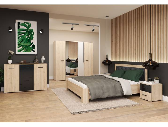 Schlafzimmer Komplett – Set BARI II (5-teilig) San Remo Sand San Remo Sand + Schwarz Semigloss