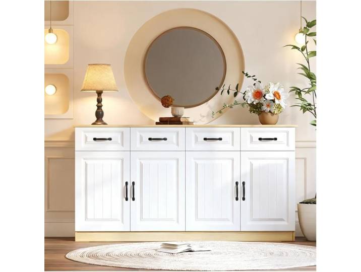MEULVA Buffet bas 160 x 35 x 80 cm avec 4 tiroirs 4 portes MDF blanc et bois naturel