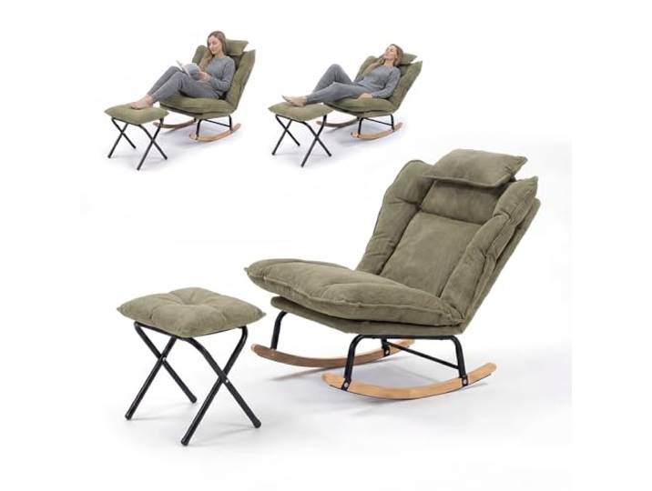 Fabulcozy Schaukelstuhl aus Cordsamt mit Fußstütze, Relaxsessel verstellbar in 3 Positionen, mit abnehmbarem Kissen, Wohnzimmerstuhl für Entspannung