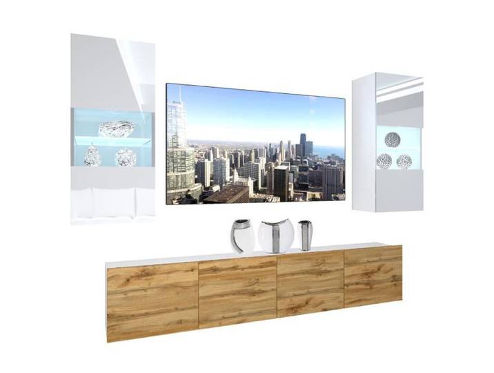 Unité Murale TV - BELINI - NEX 1 - Blanc Brillant - Chêne Wotan - LED Multicolore