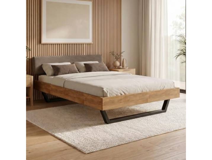 skølm Alver Massivholzbett Eiche 140x200cm Natur, Bettkopf Cord Dunkelbraun Bettgestell stabil aus Massivholz, Holzbett mit schwarzen Metallkufen,hochwertiges Bett, Bettrahmen geeignet als Doppelbett