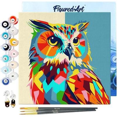 FiguredArt SFA094-Y - Mini Malen nach Zahlen, Abstrakte Pop Art Eule, Leinwand-Keilrahmen 20x20cm, DIY Bastelset, Paint by Numbers