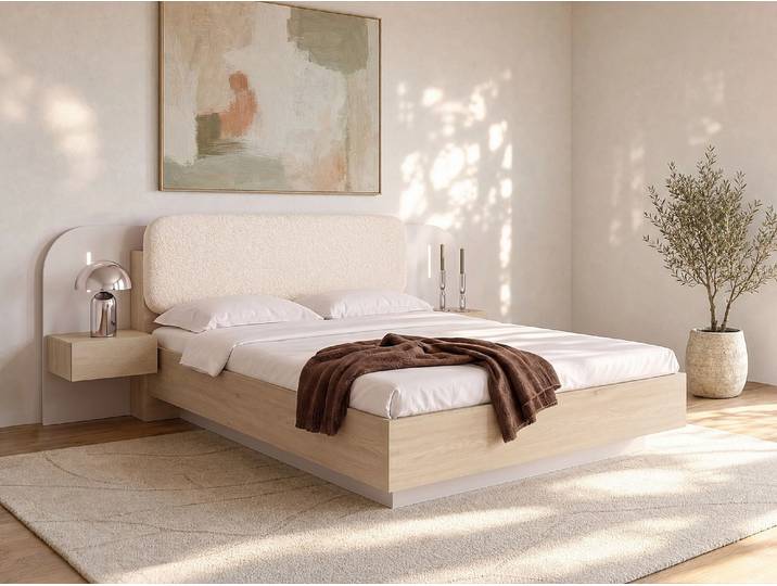 Stauraumbett mit Nachttischen 160 x 200 cm - Mit LEDs - Beige und Naturholz - LYORIMA