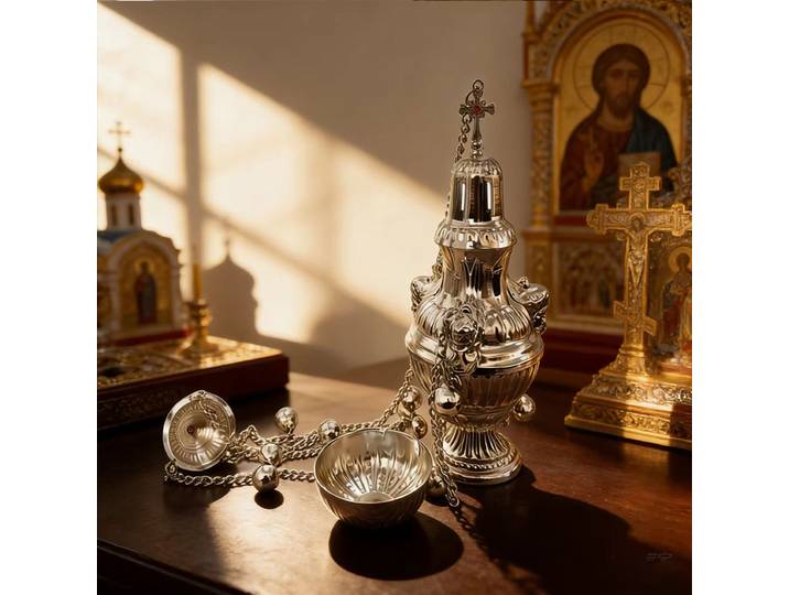 Encensoir suspendu catholique orthodoxe plaqué argent avec têtes de lion gravées et clochettes pour l'église, la maison, l'autel, ou comme cadeau de dévotion