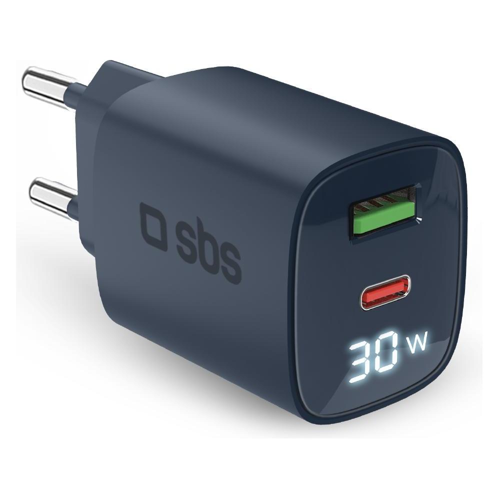 SBS Wandladegerät mit LCD-Bildschirm, 1 USB-C-PD-30W-Ausgang, 1 USB-A-18W-Ausgang (30 W, 2 Ports) (TETRGANLCD1USB1C30B)