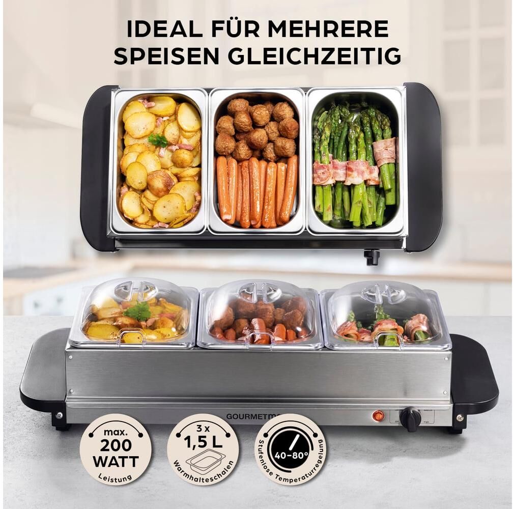 Warmhalteplatte GOURMETMAXX "200 W", silber (silberfarben), B:54,6cm H:14,7cm T:27,8cm, Kochplatten, Warmhalteplatte, Buffetwärmer aus Edelstahl silberfarben Einheitsgröße
