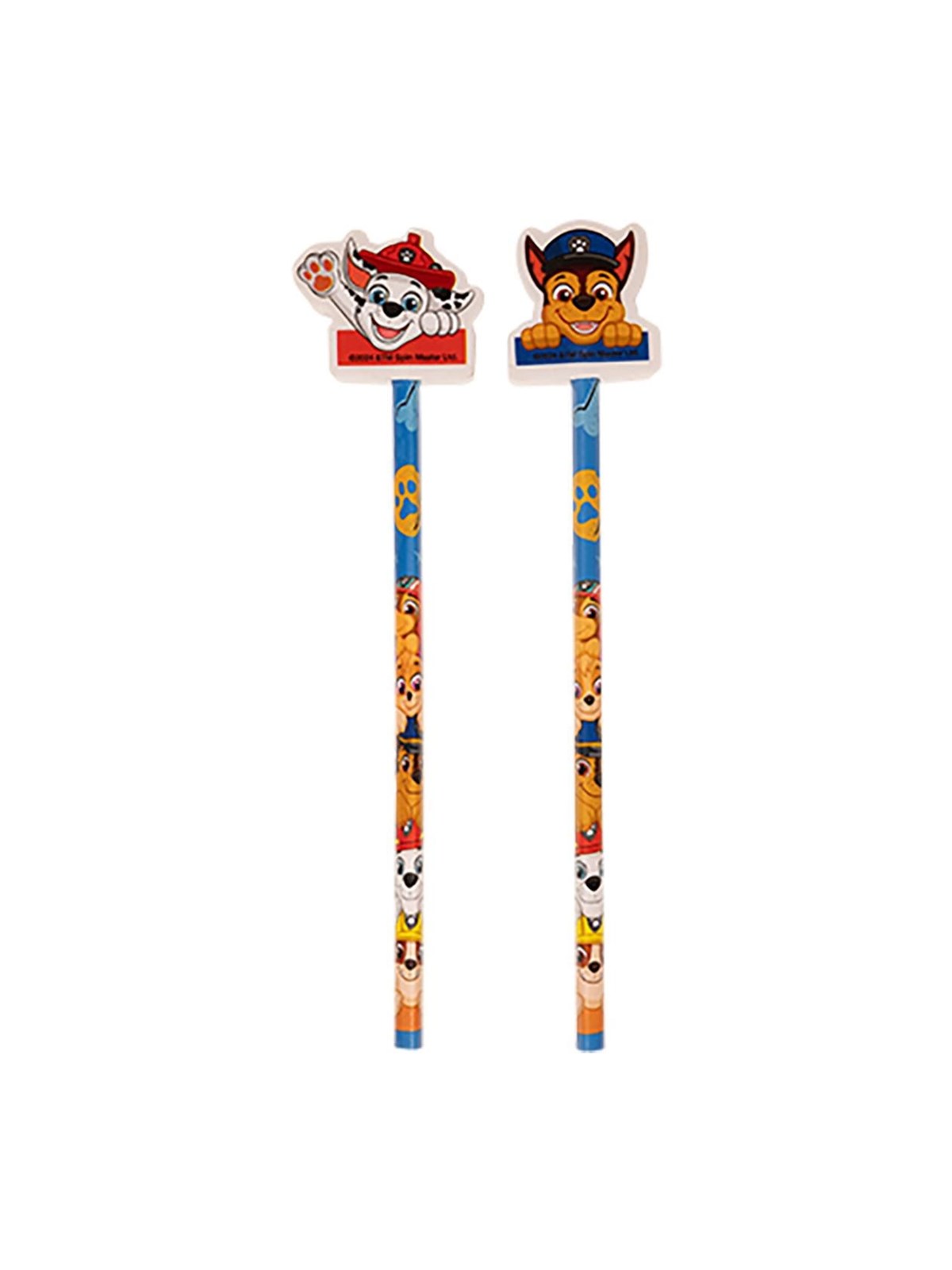 Paw Patrol 2-pack pencils w/2 eraser toppers - triangular pencils unsharpened each with eraser topper packed on blistercard w/eurohole CE & 0-3 years pictogram