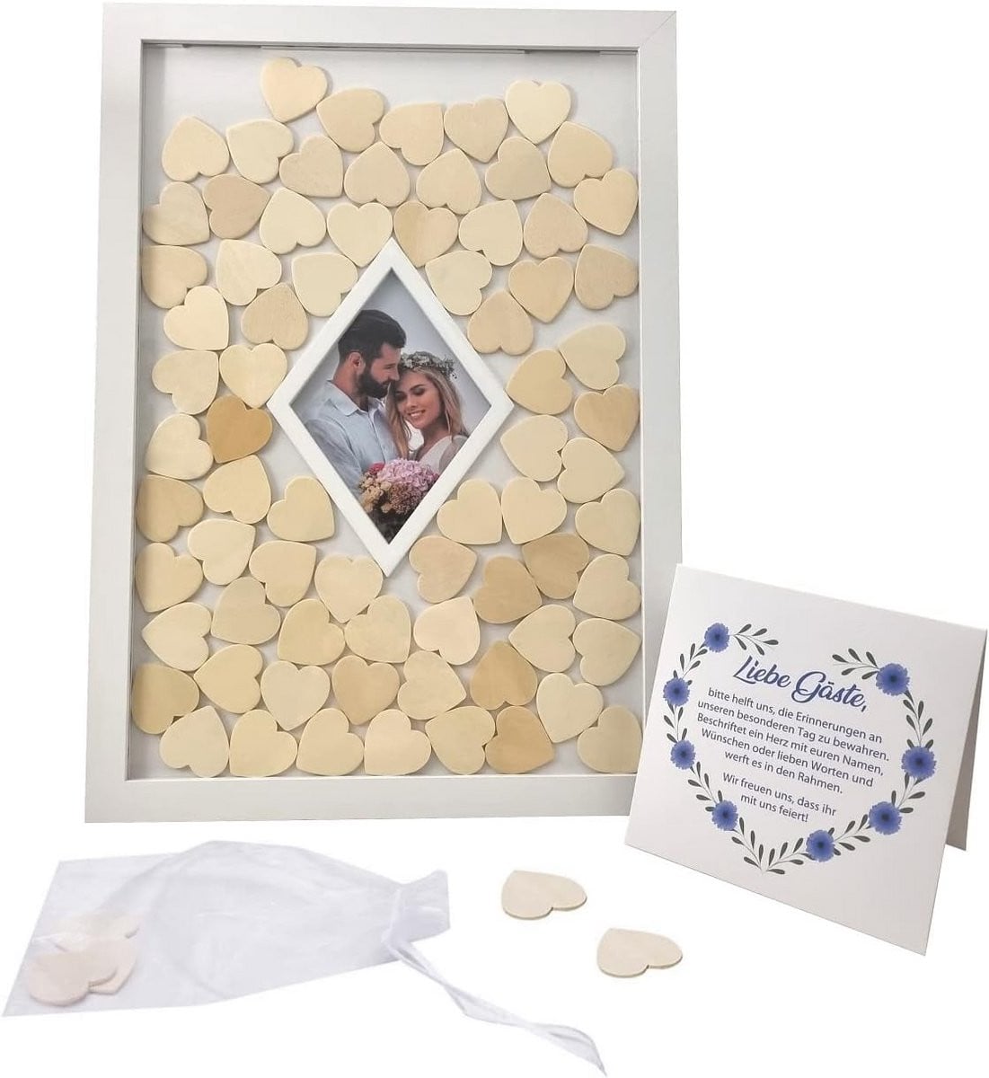 Houten Gastenboek Fotolijst met Hartjes voor Bruiloft, Doop en Verjaardag