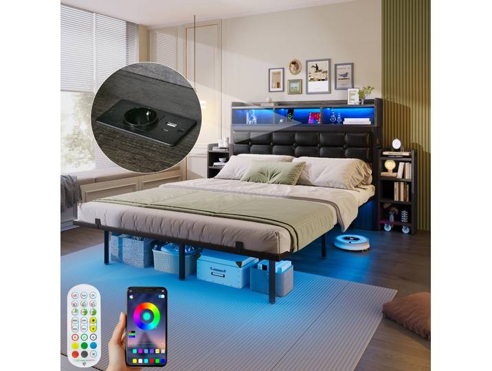 Lit Adulte Couchage Led Rangement 140x190 Métal Gris Havrya
