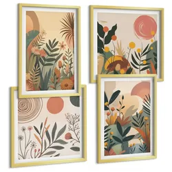 BILDER SET 4er Set - 50x50 cm & 40x60 cm Goldrahmen - Pflanzenmotive in Farben