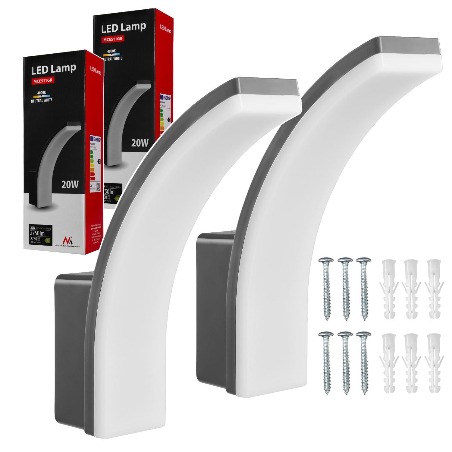 Maclean Set van 2 LED-buitenlampen, 20W, 4000K, Grijs, IP65