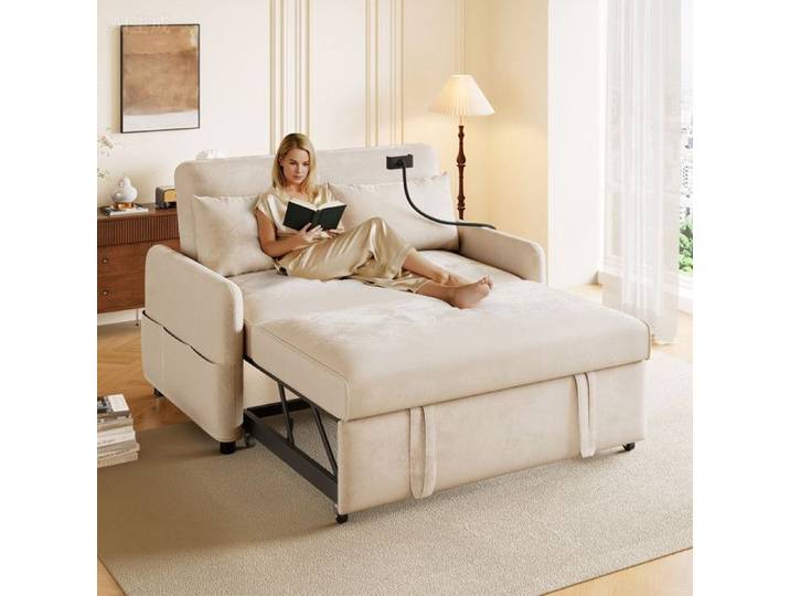 Canapé-lit pliant double moderne avec dossier réglable support téléphone et port USB – salon chambre home cinéma - Beige