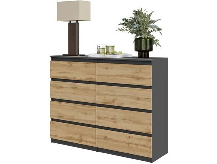 Commode GABRIEL – 8 tiroirs – Buffet de chevet 92 x 120 x 33 cm (Anthracite/Chêne Wotan)