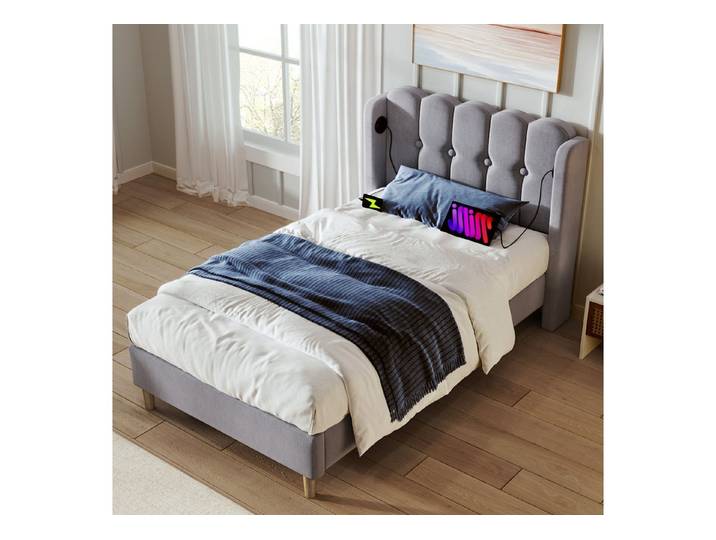 Flieks Polsterbett, Holzbett Einzelbett mit USB/Typ-C Ladeanschlüsse 90x200cm grau Leinen
