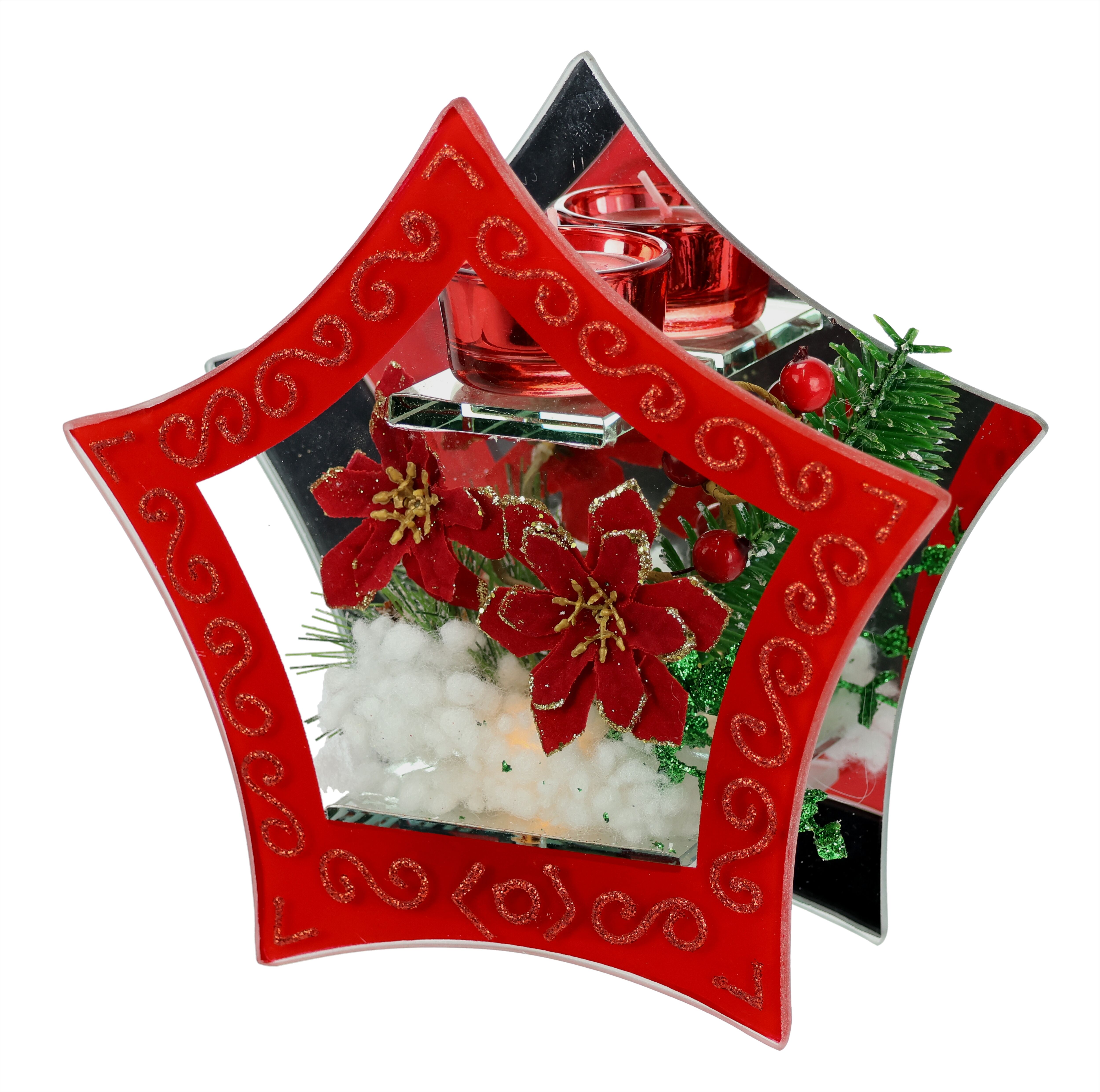 Teelichthalter I.GE.A. "Deko-Objekt mit LED Licht und Teelichtkerze", rot, B:21cm H:20cm, Glas, Kerzenhalter, Teelichthalter, Mit Christstern Beeren Tanne Kunstschnee Weihnachtsdeko Dekoobjekt