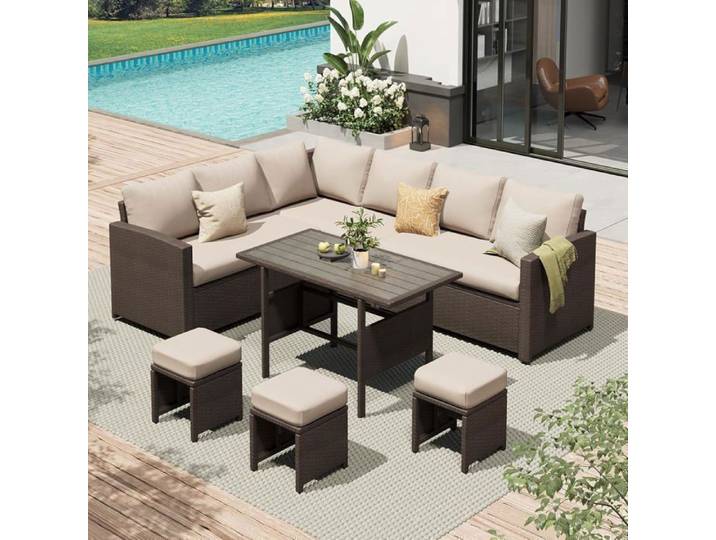 YODOLLA Salon de Jardin 7 Places - 3 Canapés 2 Places Modulables 3 Poufs Table - Coussins Blancs & Rotin Marron