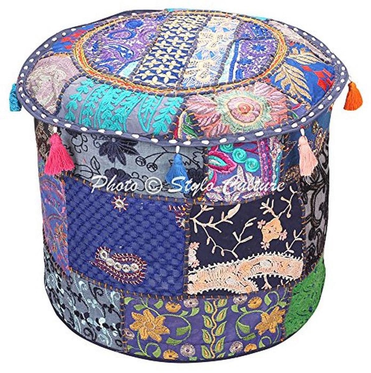 Etnische Ronde Poef Cover Vintage Marineblauw Patchwork