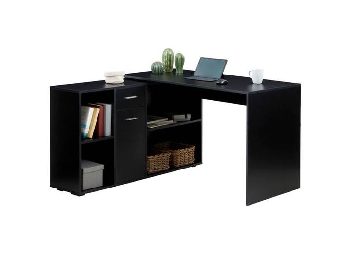 Bureau d'angle CARMEN avec meuble de rangement intégré 4 étagères 1 porte et 1 tiroir décor noir mat