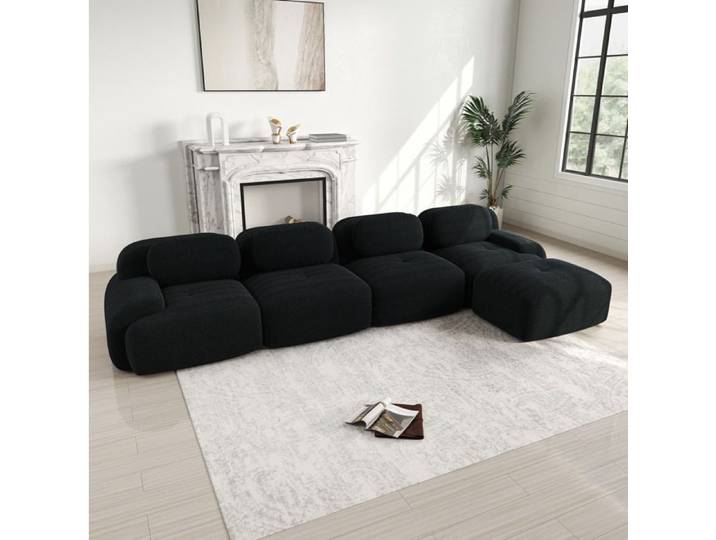 JOINERY canapé angle modulable 4 places avec méridienne velours côtelé noir mousse 32D antidérapant sans montage