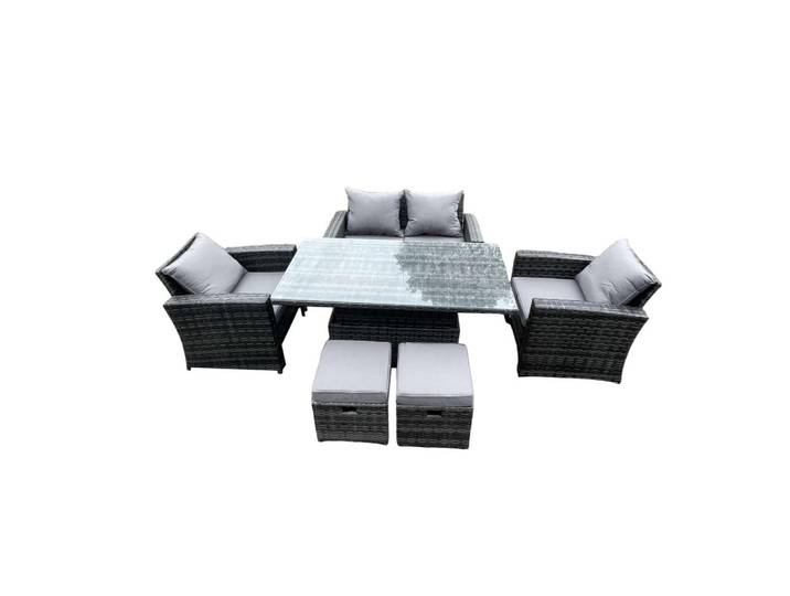 Fimous Gartenmöbel-Set Polyrattan 6-Sitzer, Dunkelgrau, Metall, rechteckig, Gartenmöbel, Gartengarnituren, Gartenmöbel-Sets