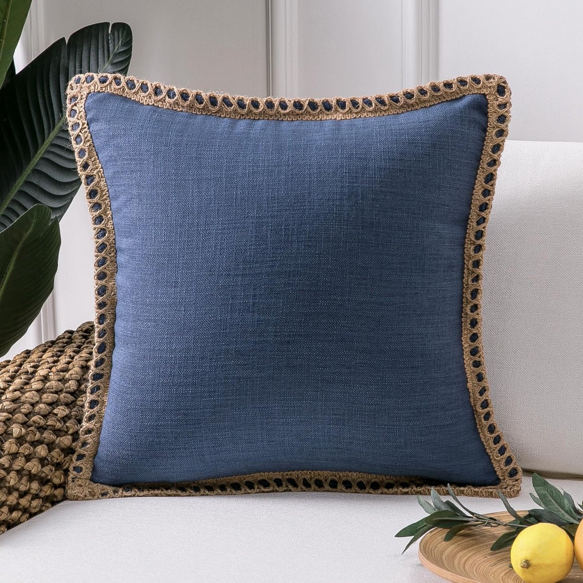Decoratieve linnen kussensloop blauw met textuureffect