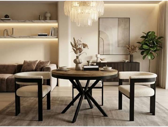 WFL GROUP Runder Ausziehbarer Esstisch - Loft Style Tisch mit Metallbeinen - 90 bis 170 cm - Industrieller Tisch für Wohnzimmer - Kompakt - 90 cm - Lefkas Eiche