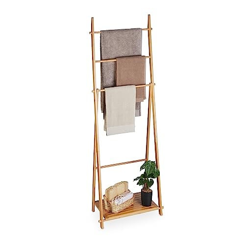Relaxdays Handdoekenrek van bamboe met 4 stangen en plank, bruin, H 153 x B 53,5 x D 30 cm