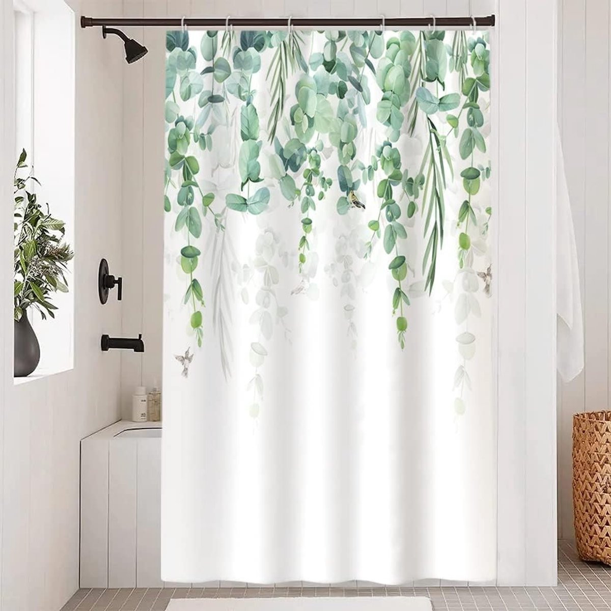 Groen douchegordijn met eucalyptusbladeren, schimmelbestendig en waterdicht polyester, inclusief haakjes