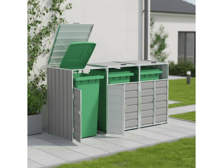 Rangement à roulettes pour poubelles pour trois bacs gris acier