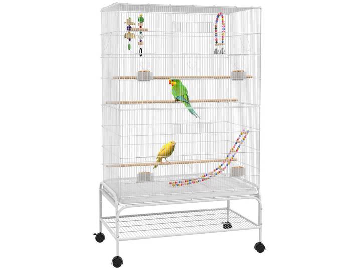 ComfortXL Vogelkäfig De-17847 4 Futterhäuschen & 3 Sitzstangen auf Rollen Weiß, Metall, 49x133x79 cm, Dekoration, Gartendeko