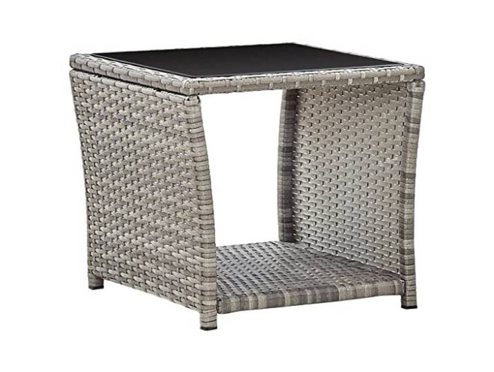 KPOUTRFG Couchtisch Grau 45x45x40 cm Poly Rattan Glas Wetterbeständig, Stahlgestell Pulverbeschichtet, Untere Ablage, Leicht Umstellbar
