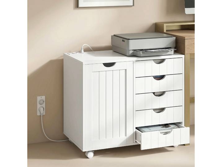 HOMCOM Meuble Imprimante 5 Tiroirs USB Roulettes Étagère Blanc