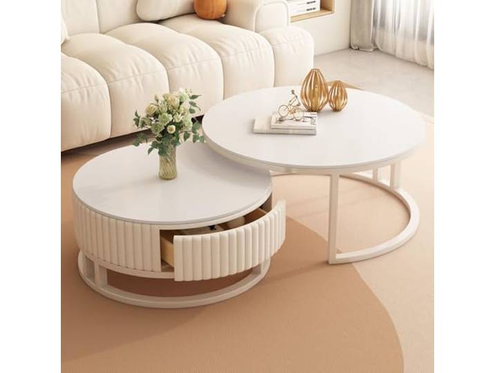 MDXVRKYBC Couchtisch Weiß Couchtisch Runder 2er Set Moderne Wohnzimmer Tisch Rund Sofatisch Kaffeetisch Set Mit Schublade, 50+70cm Runder Nested Beistelltisch Für Wohnzimmer, Balkon Und Büro