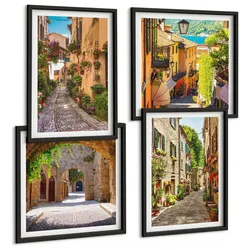 BILDER SET 4er Set - 50x50 cm & 40x60 cm Schwarzer Rahmen - Italienische Straßen, Blumen, Architektur