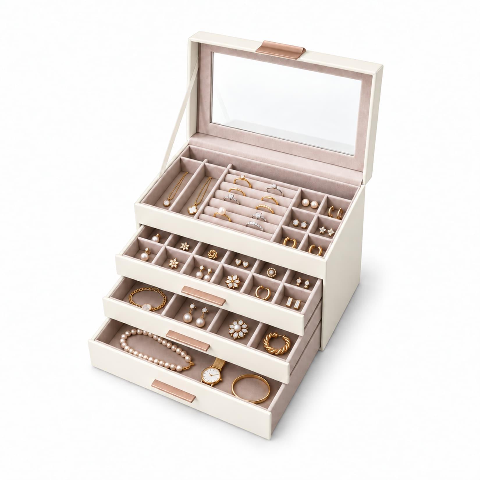 Karat Schmuckkästchen Blanche Schmuckbox mit Glasdeckel & Schubladen Cremeweiß