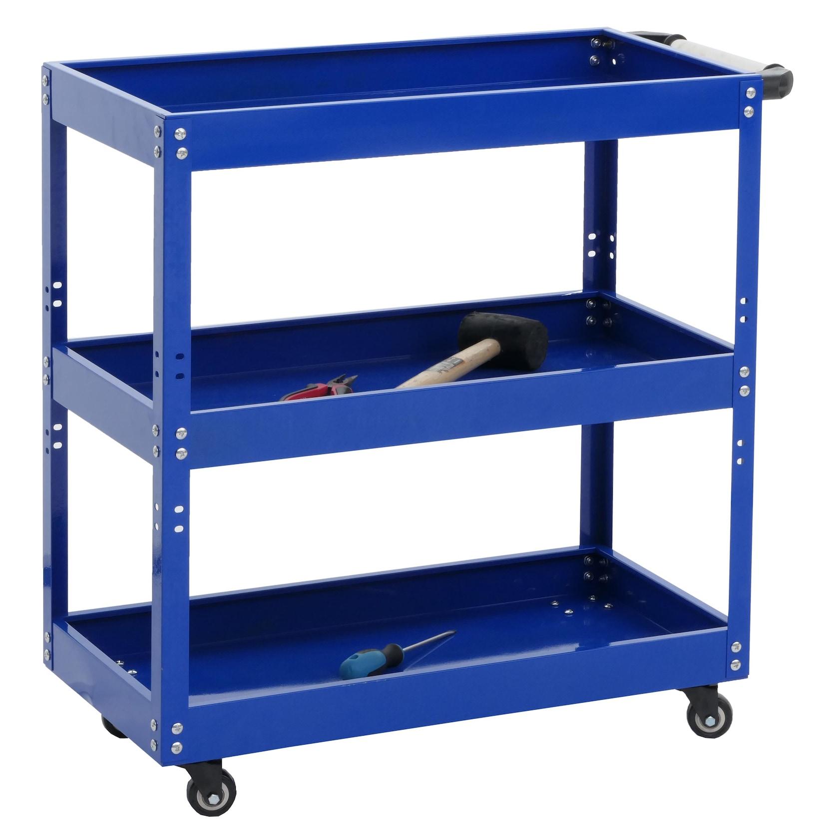 Werkzeugwagen MCW-M25, Rollwagen Werkstattwagen Transportwagen, Rollen Handgriff 3 Ladeflächen, Stahl 73x73x36cm blau