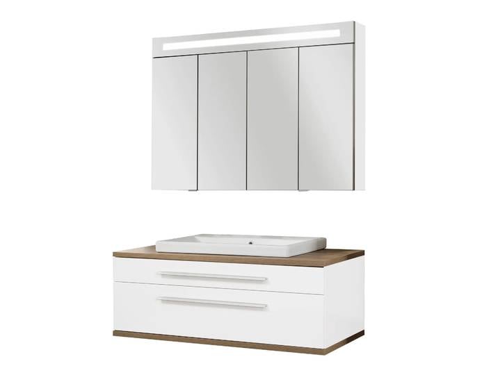 FACKELMANN STANFORD Waschtisch Set mit Spiegelschrank 110 cm breit, Weiß/Braun hell, Waschbecken Keramik Weiß