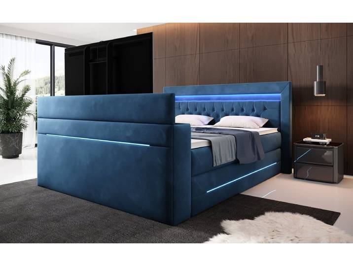 Boxspringbett Pluto mit TV Lift, RGB und Stauraum - 140x200 - Blau - H4 (100kg+) - Luxusbetten24