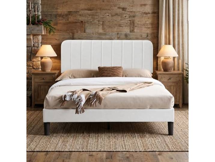 VECELO Doppelbett, gepolstert, 140 x 190 cm, Kopfteil, verstellbar, Lattenständer aus robustem Holz, Samt, einfach zu montieren, Weiß
