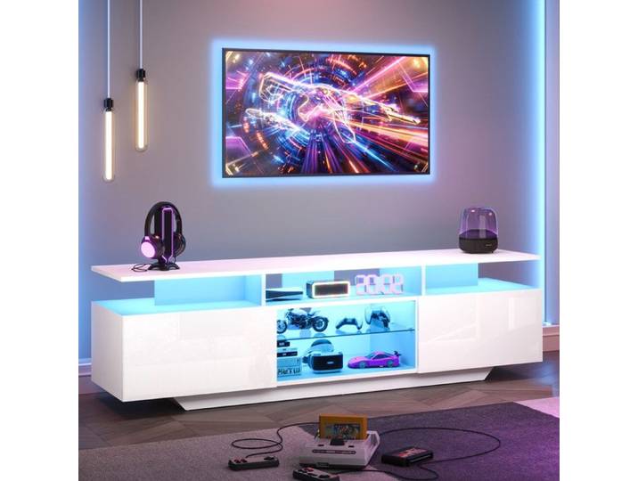 Meuble TV 160*40*45 cm meuble TV avec 2 armoires meuble TV brillant avec bandeau lumineux LED MDF téléviseur 70 pouces