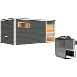 Karibu Gartensauna Saunahaus Hygge inkl. Vorraum, terragrau-11 kW Bio-Kombiofen inkl. Steuergerät