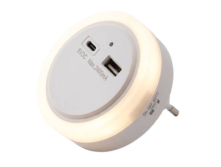 LED-Nachtlicht mit USB-Ladegerät und Dämmerungsautomatik, weiss