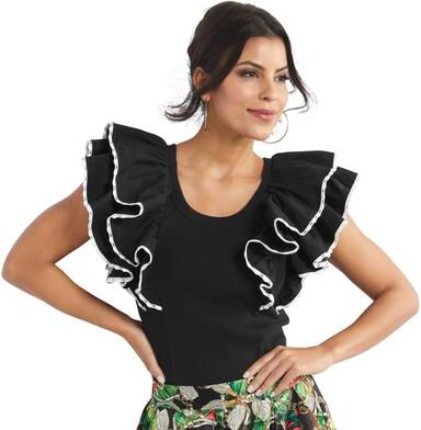 Masseys Ribbed Contrast Trim Ruffle Sleeve Top (Size 1X) Black, Cotton,Spandex
