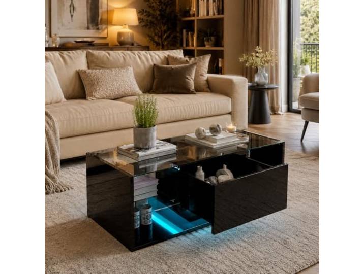 JiaOyu Couchtisch mit LED Beleuchtung, Hochglanz Wohnzimmertisch mit Schublade & Offene Fach, Beistelltisch Kaffeetisch Sofatisch für Wohnzimmer Büro,100x50x35CM (Schwarz+Glss)