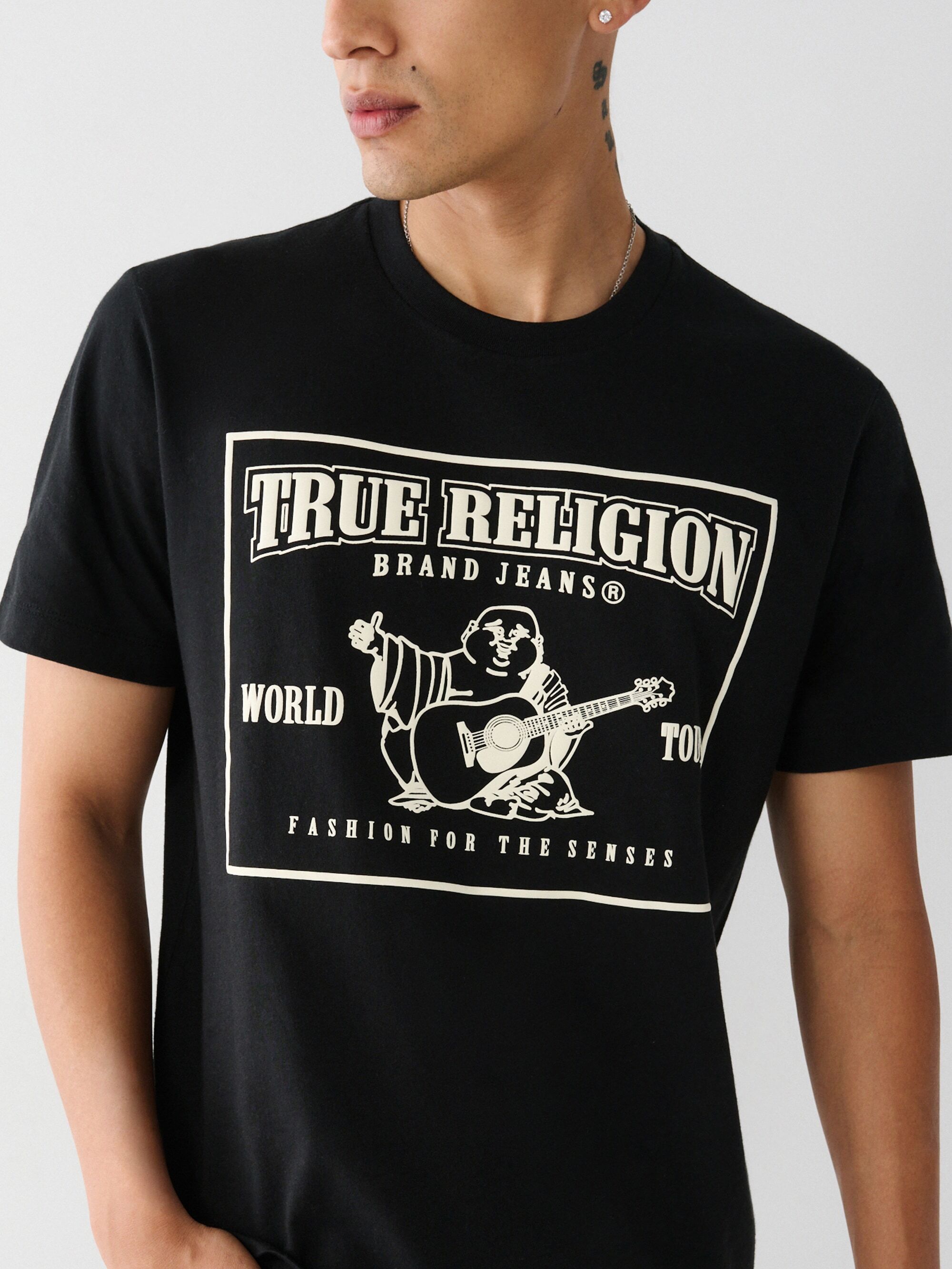 Kurzarmshirt TRUE RELIGION "SRS PUFF CREW TEE", Herren, Gr. L, schwarz, Jersey, Obermaterial: 100% Baumwolle, bedruckt, normal, Rundhals, Shirts Kurzarmshirt, Baumwolle schwarz L