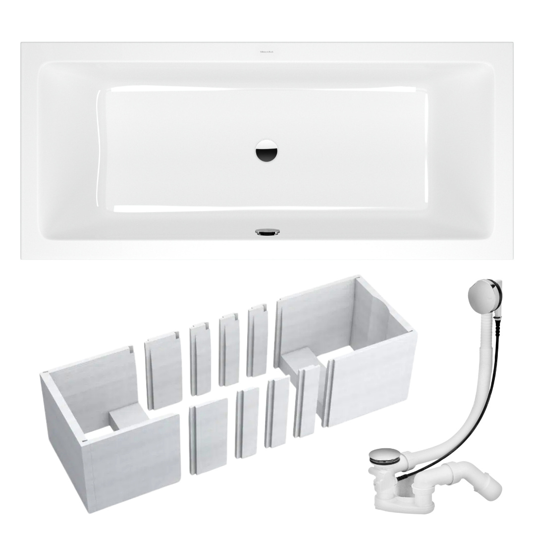 VBChome Badewanne 170x75 cm Villeroy & Boch Weiß Acryl Zentralen Abfluss Styroporträger Siphon Chrom