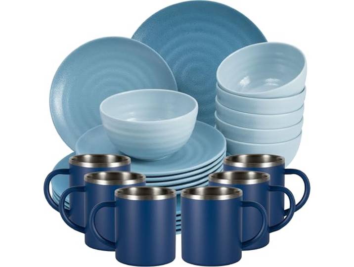 Melamin Geschirr Set Blau Edelstahl Thermo Tassen Tonoptik Picknick Camping