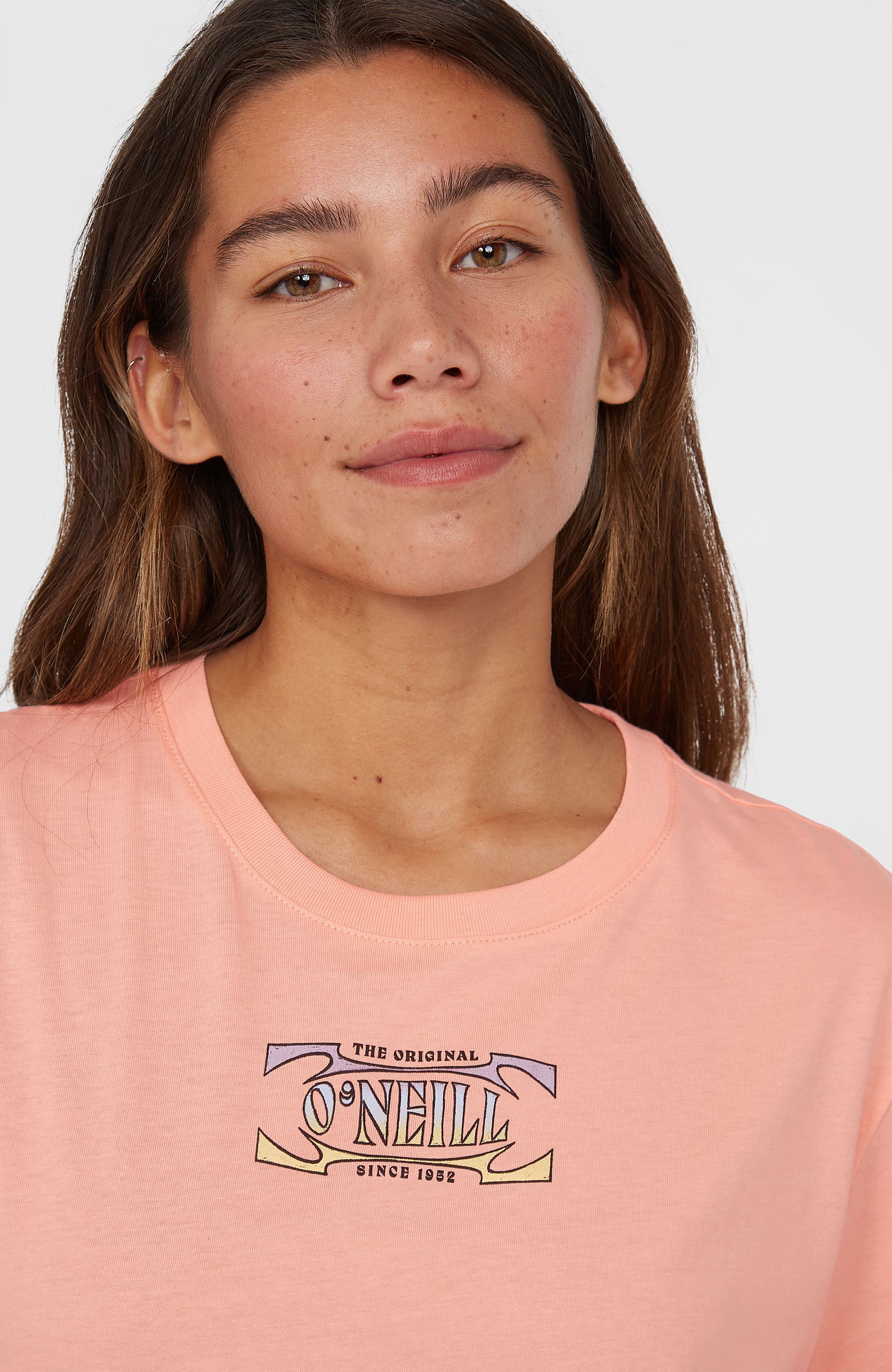 T-Shirt O'NEILL "SUMMER MUSTHAVES BACK PRINT T-SHIRT", Damen, Gr. L (40), rosa (coral pop), Obermaterial: 100% Baumwolle, Shirts T-Shirt, mit wasserbasierten Prints auf Brust und Rücken, lockere Passform coral pop L (40)